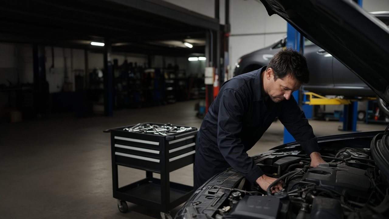 A mechanic checking a car engine in a repair shop