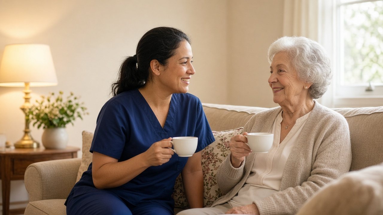 A caregiver sharing tea with an older woman at home