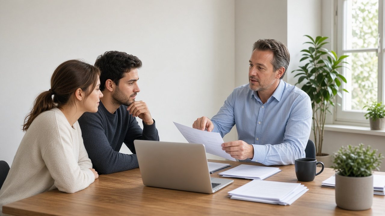An insurance agent explaining a policy to a couple