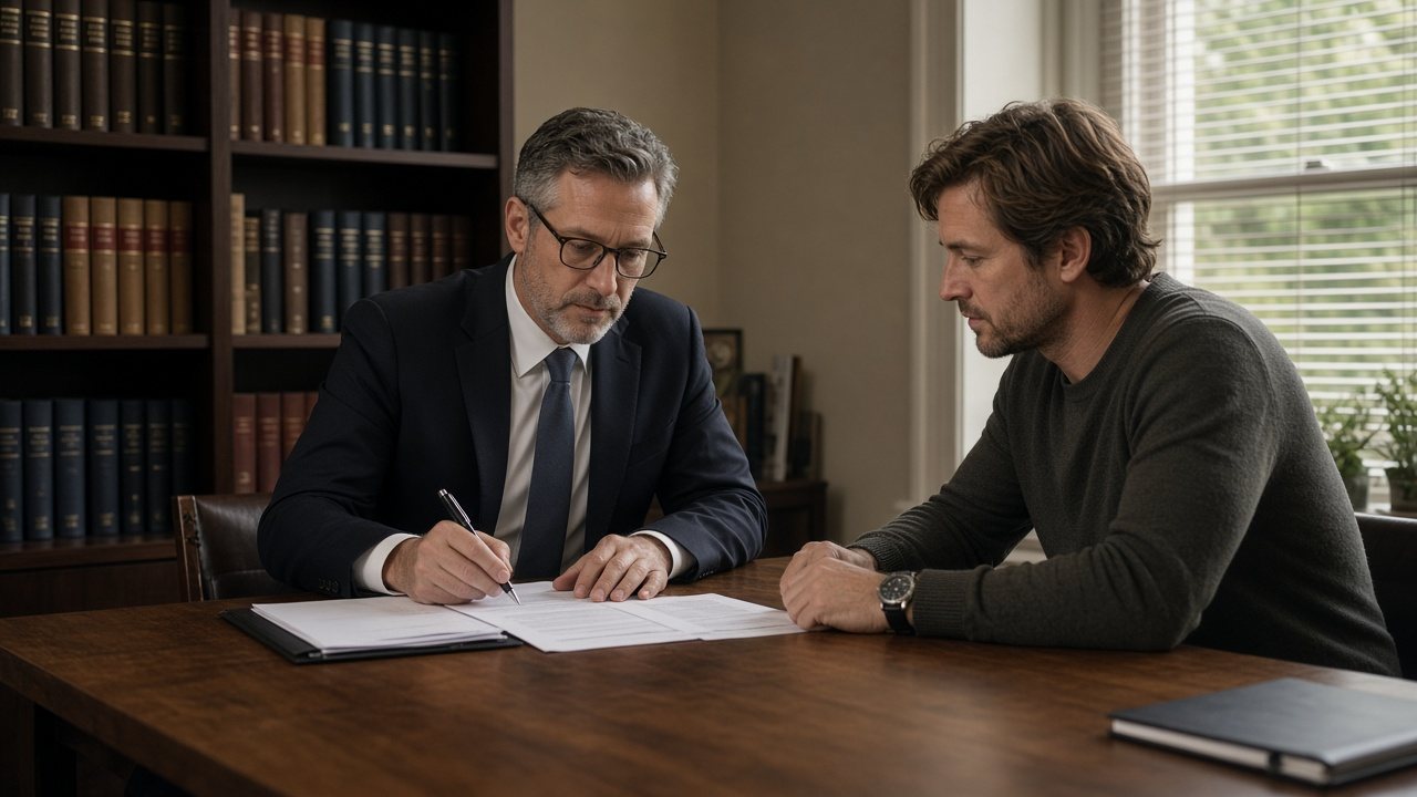 An attorney reviewing documents with a client