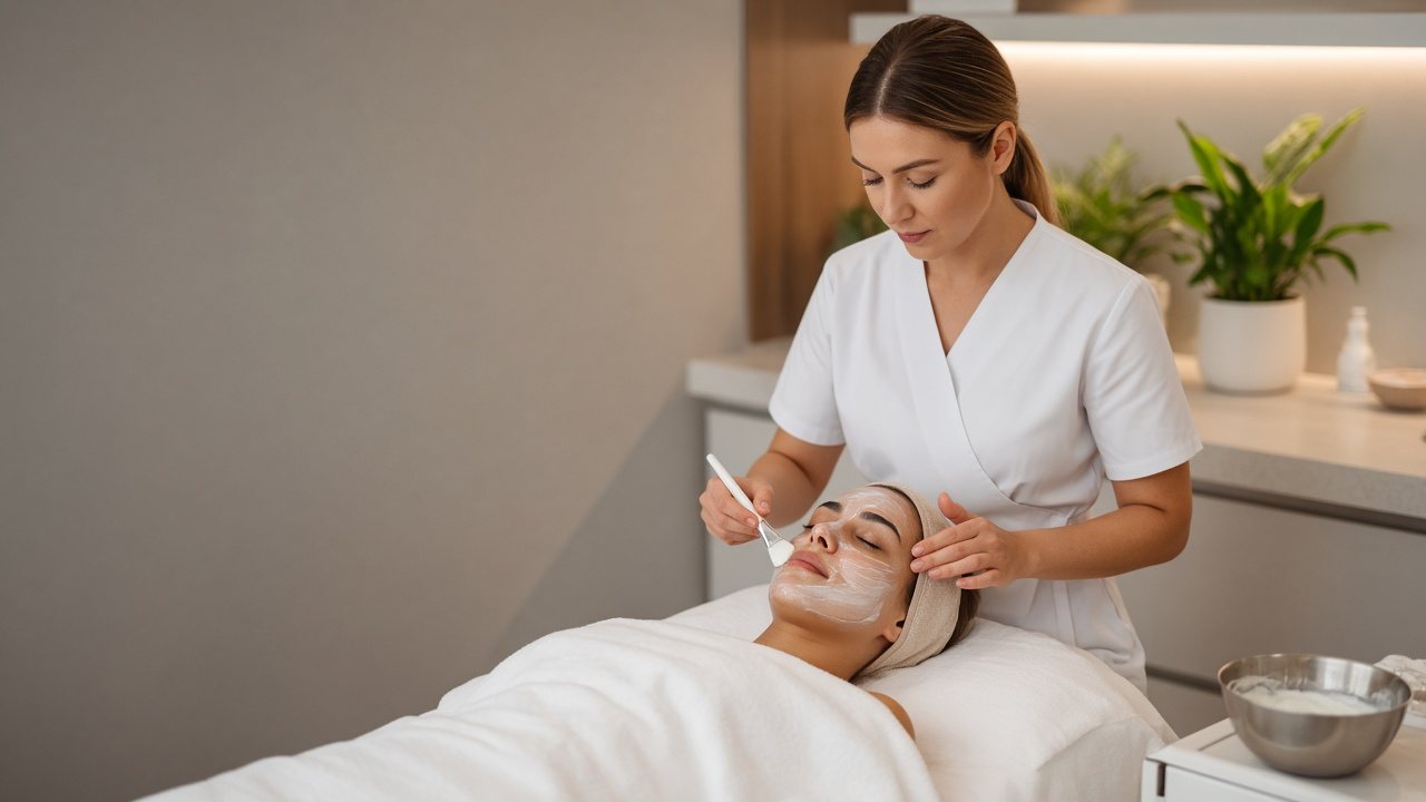 An aesthetician giving a client a facial treatment