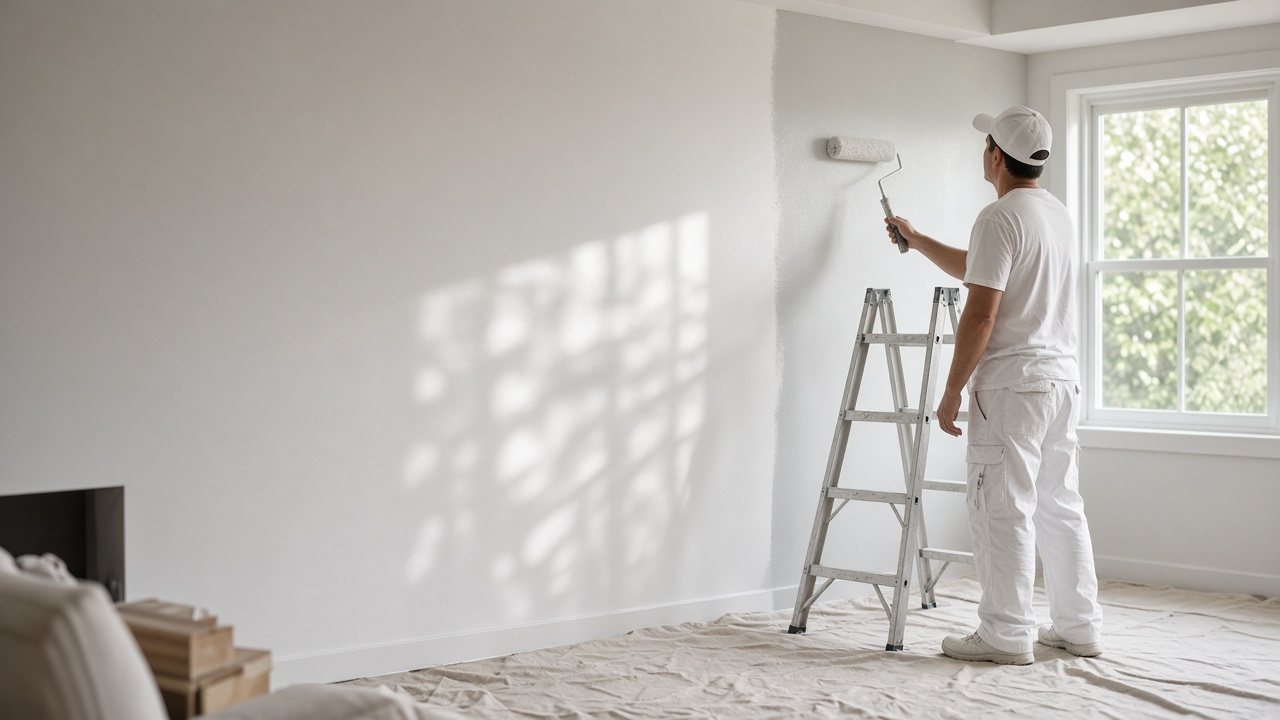 A painter rolling paint onto a living room wall