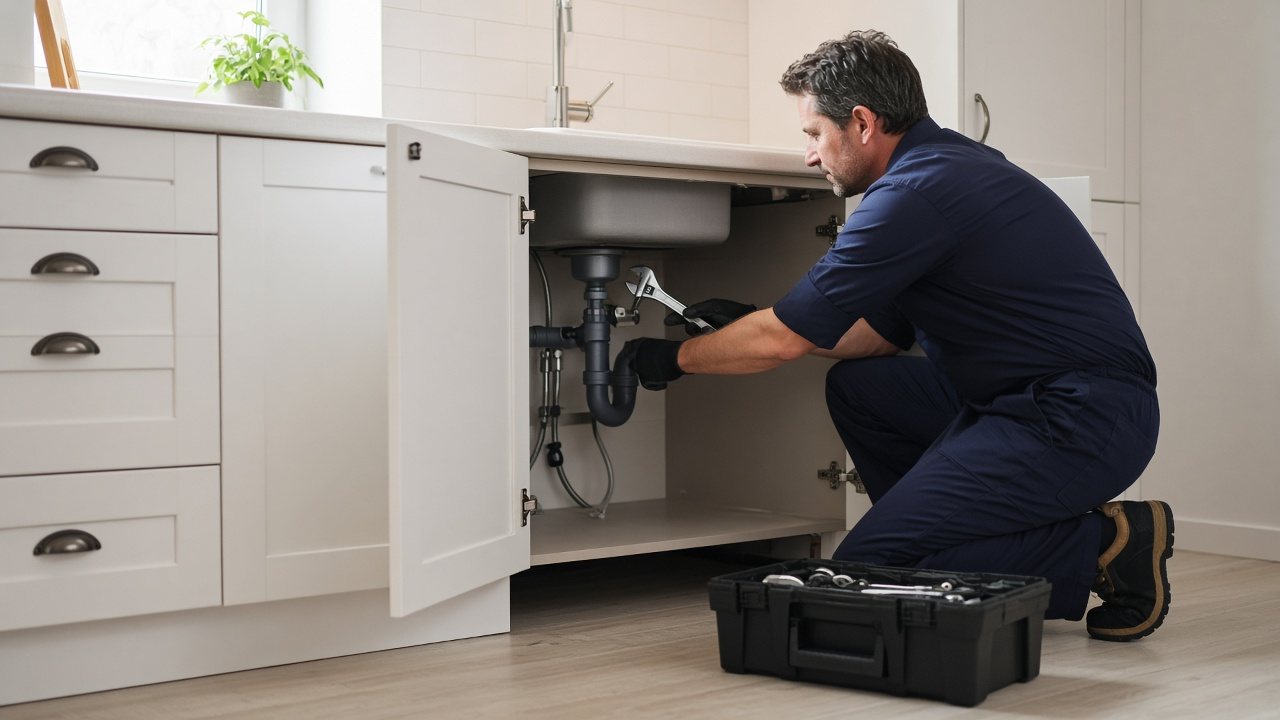 A plumber fixing the pipes under a kitchen sink