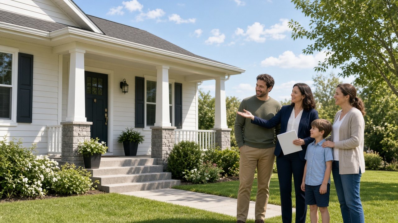 A real estate agent showing a family a home