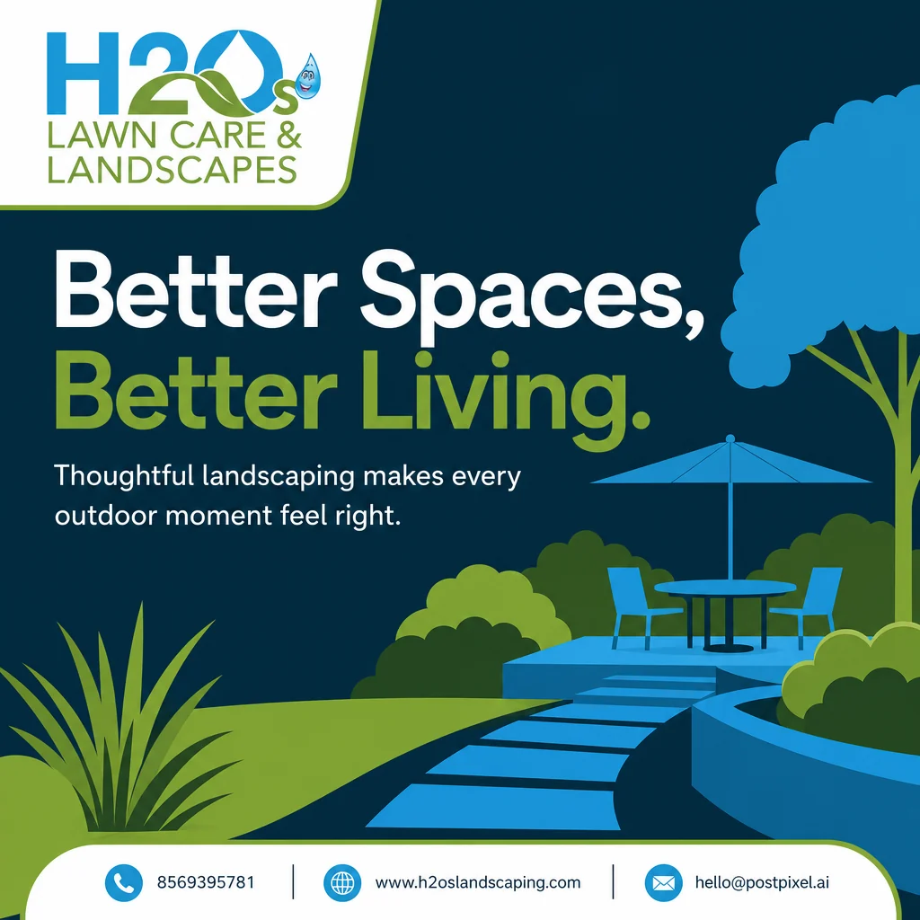 H2O’s Lawn Care & Landscapes post: “Better Spaces, Better Living.” with an illustrated patio, path and garden