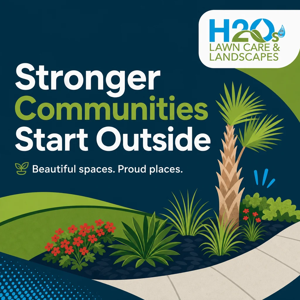 H2O’s Lawn Care & Landscapes post: “Stronger Communities Start Outside” with illustrated palms and flower beds