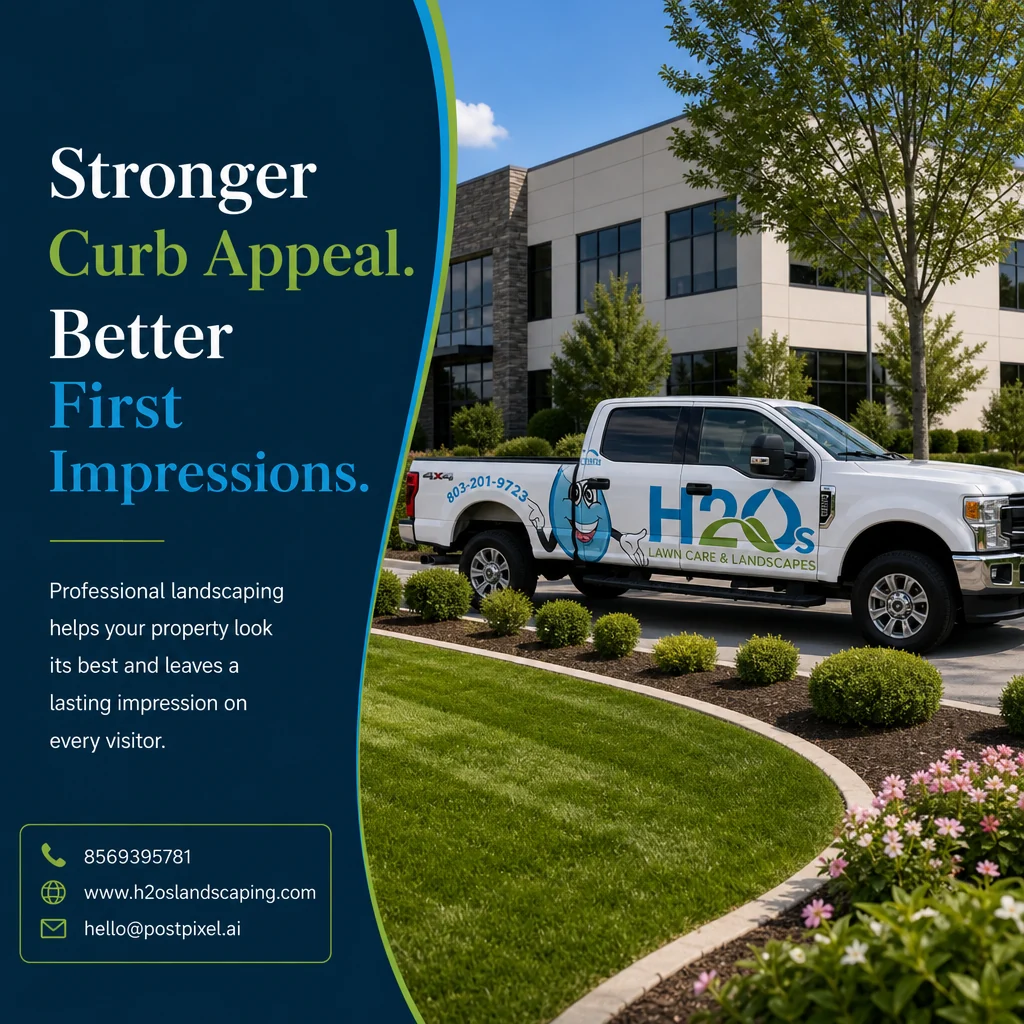 H2O’s Lawn Care & Landscapes post: “Stronger Curb Appeal. Better First Impressions.” with the H2O’s truck outside an office building