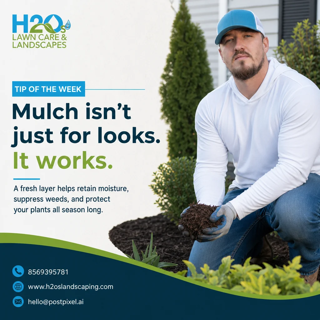 H2O’s Lawn Care & Landscapes tip of the week post: “Mulch isn’t just for looks. It works.” with a landscaper spreading mulch