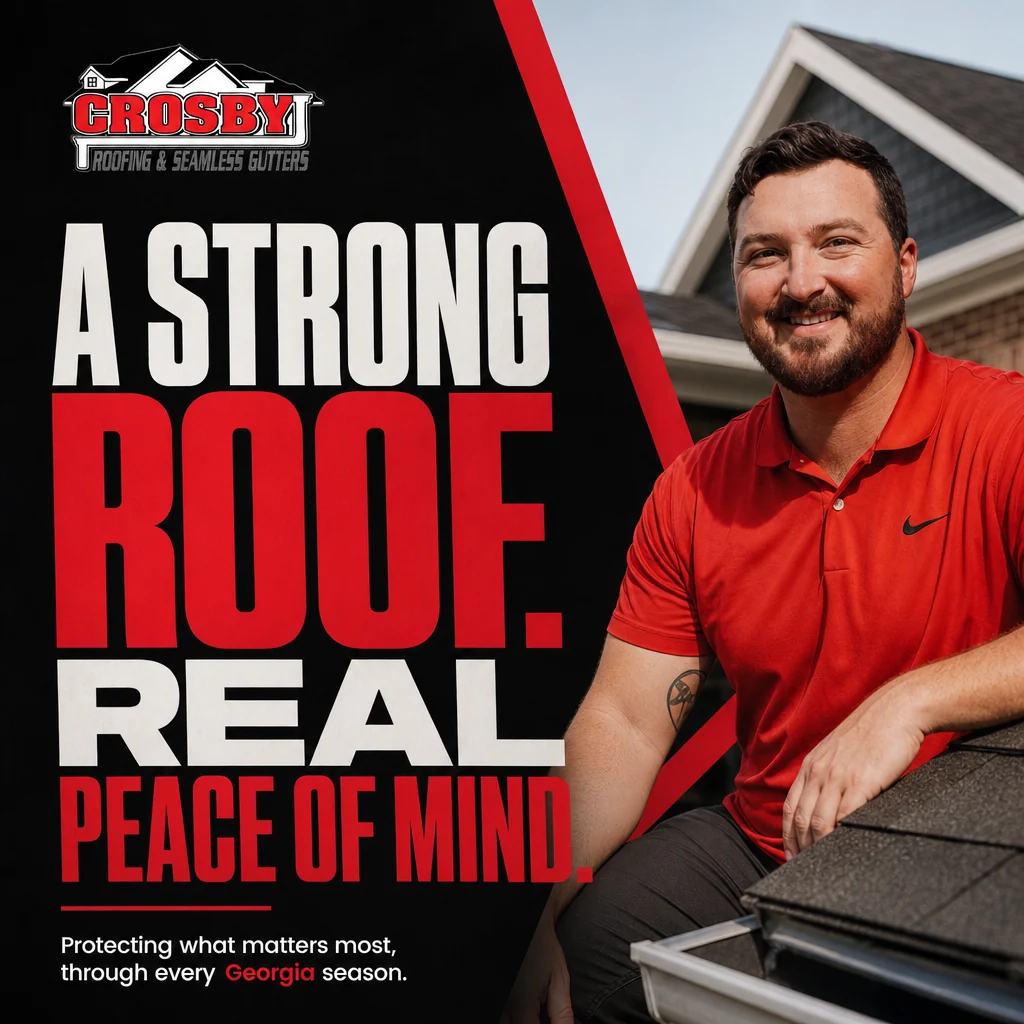 Crosby Roofing & Seamless Gutters post: “A Strong Roof. Real Peace of Mind.” with the owner smiling on a shingle roof