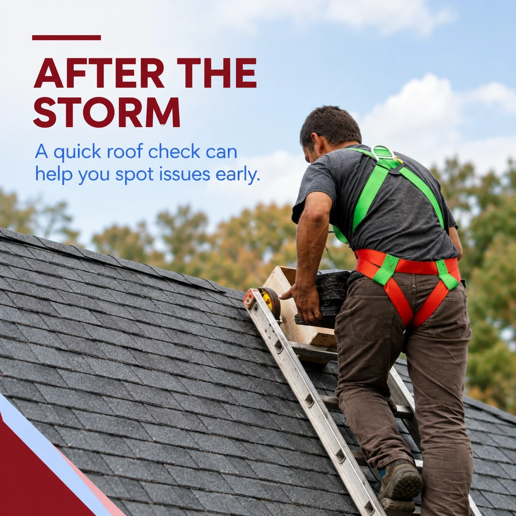 “After the Storm” post: a roofer in a safety harness climbing a ladder onto a shingle roof for a quick roof check