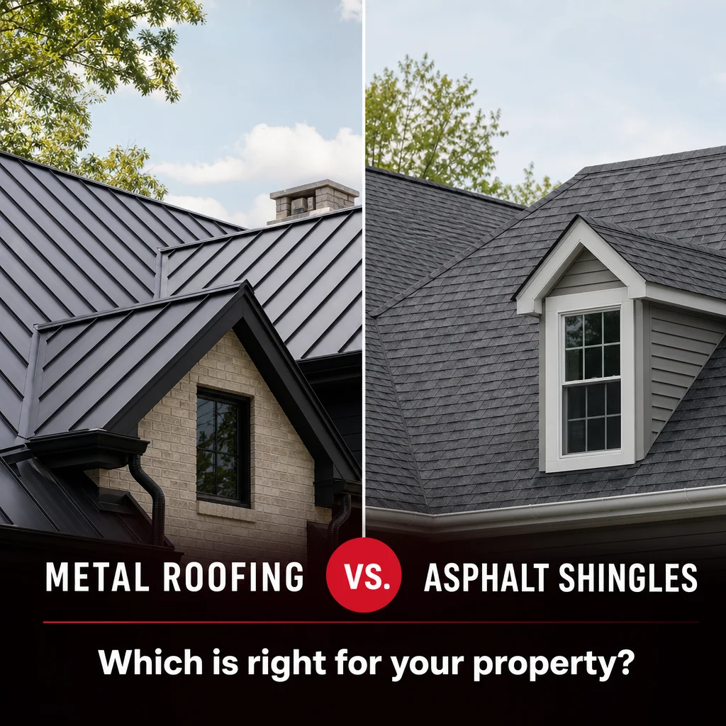 “Metal Roofing vs. Asphalt Shingles: Which is right for your property?” post with two homes side by side