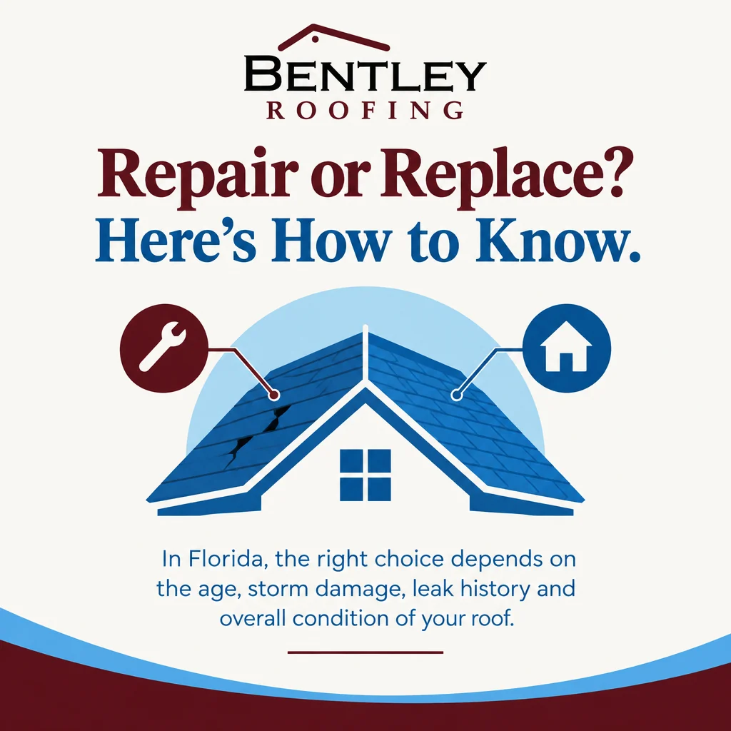 Bentley Roofing post: “Repair or Replace? Here’s How to Know.” with an illustrated roof