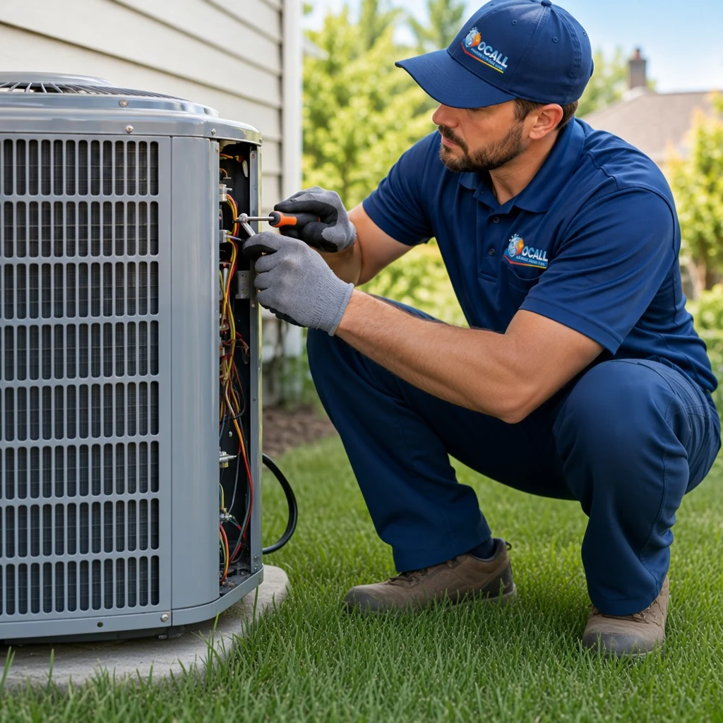 Before: the original photo of an On Call technician servicing an AC unit