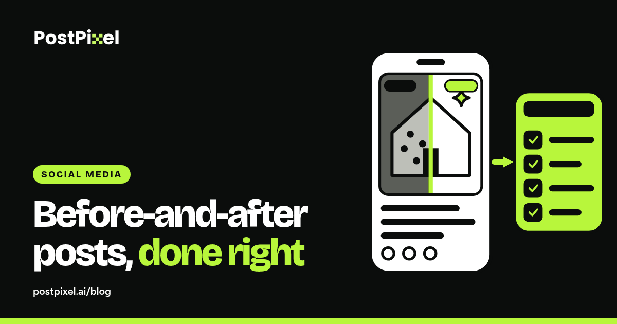 Cover graphic: a phone showing a before-and-after split of a house, grey on the left and white with a lime sparkle on the right, next to a lime caption card with checkmarks