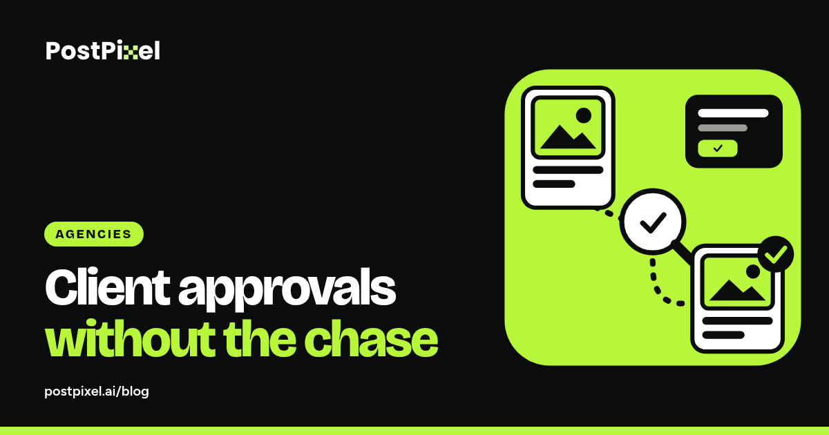 Cover graphic: a draft post card moving along a lime track through a review magnifier and a client check box to a scheduled card with a lime check