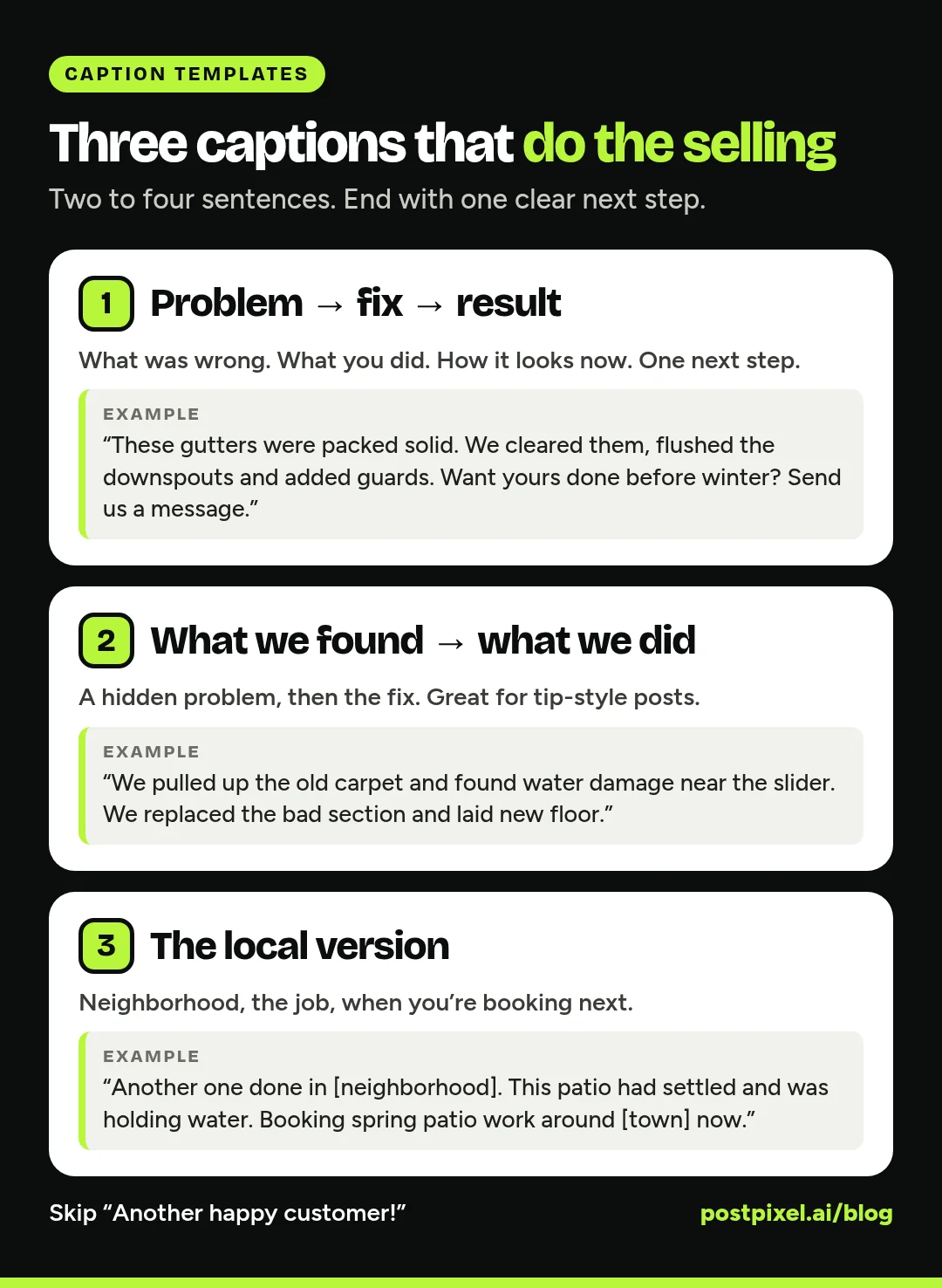 Caption template card with three fill-in formulas for before-and-after posts: problem, fix, result; what we found, what we did; and the local version, with an example under each
