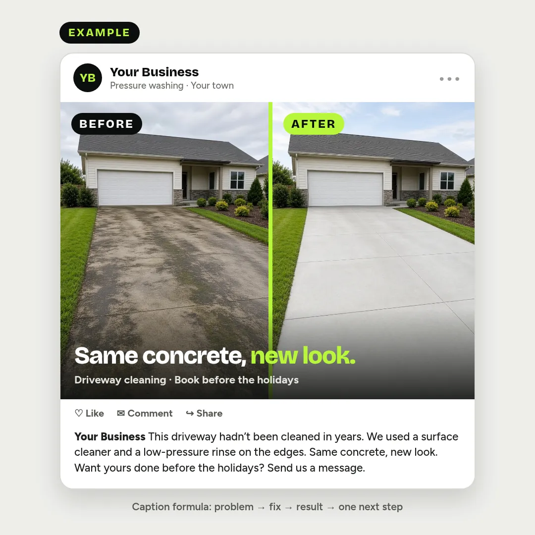 Example only: a square before-and-after social post for a generic pressure washing business called Your Business, with a stained driveway on the left, the same driveway clean on the right, the headline Same concrete, new look, and the problem, fix, result caption below