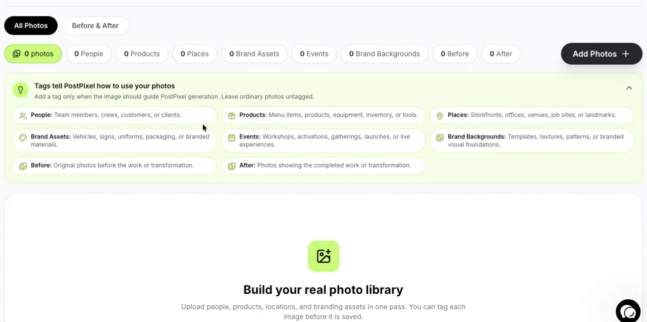 PostPixel Photo Library screen where you add job photos, with filter tabs for people, products, places, brand assets, events, before and after, and an Add Photos button