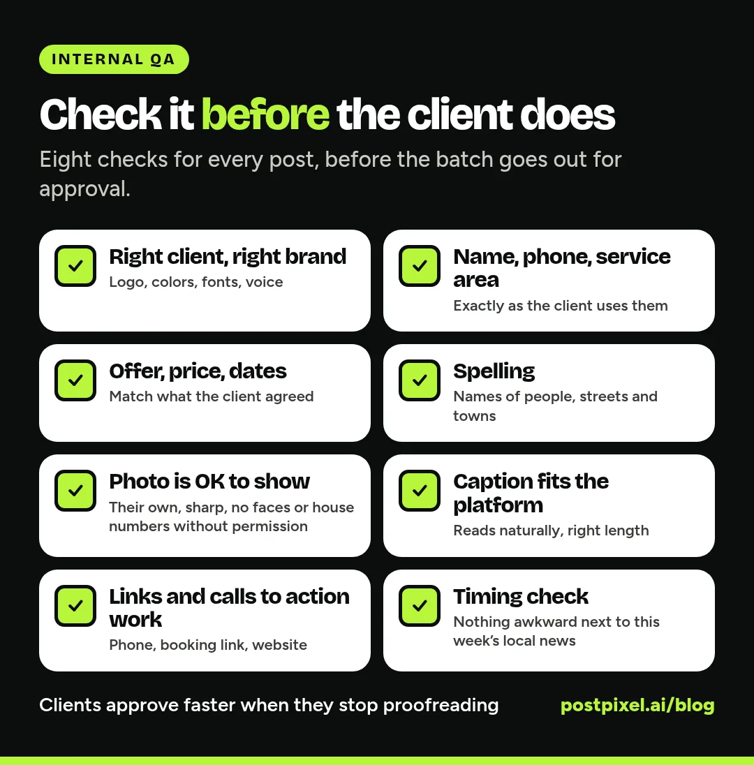 Internal QA checklist graphic with eight checks: right client and brand, name, phone and service area, offer, price and dates, spelling, photo is OK to show, caption fits the platform, links and calls to action work, and a timing check against local news